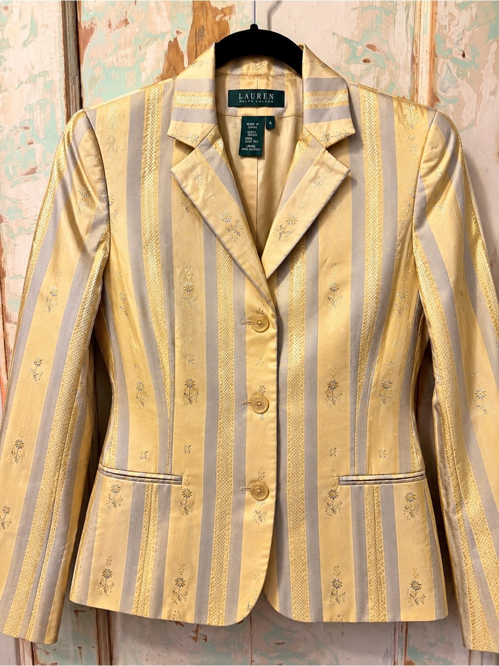 Lauren Ralph Lauren 100% Silk butter yellow Striped Floral Blazer Size 4